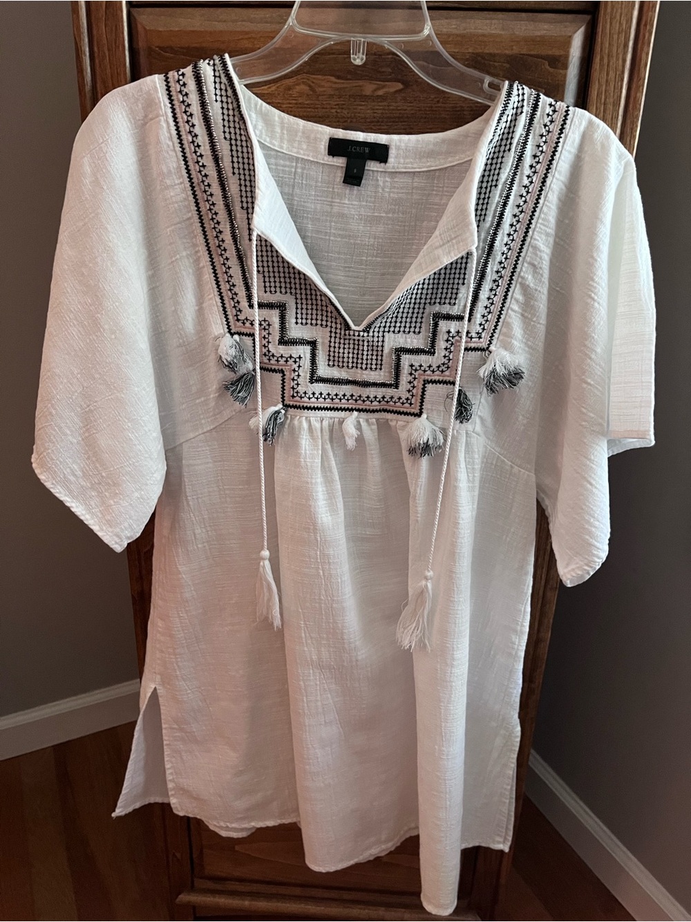 J. Crew White Peasant Tunic with Black Embroidery and Tassels